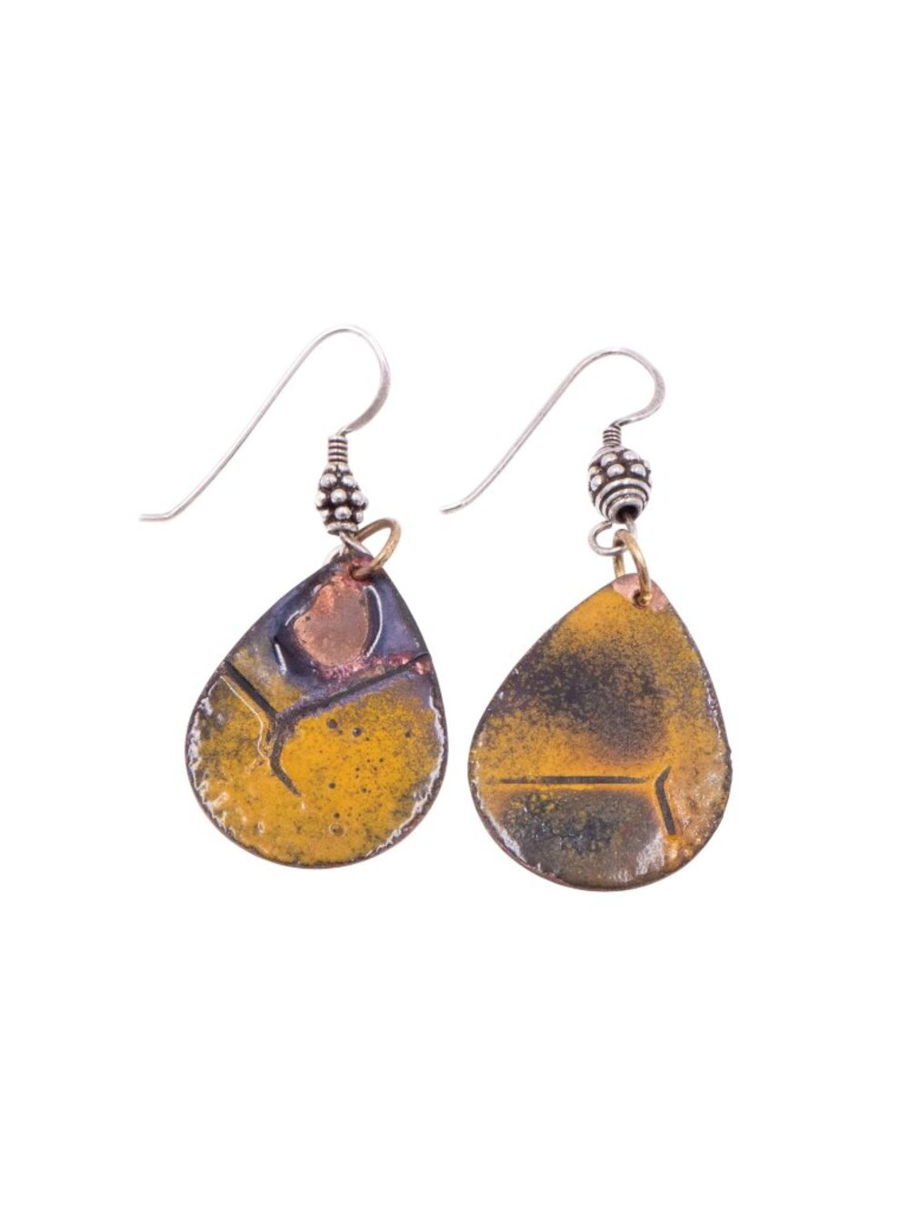 Sterling Silver 2 Inch Enameled Copper Teardrop Dangle Earrings